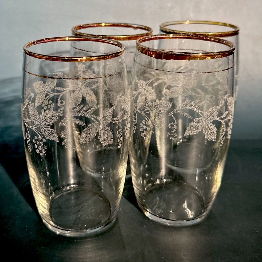 Vtg Libbey Bartlett Collins Style Frosted Grape Vine Gold Rim Tumblers Set 4